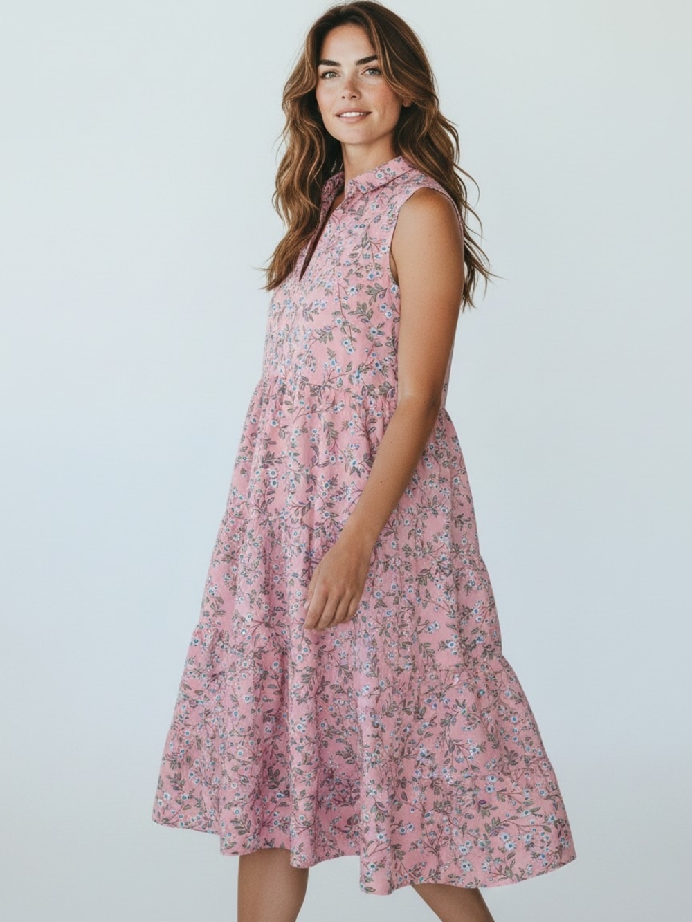 Zara Women's Pink Floral Tiered Midi Dress S Sleeveless Cottagecore Prairie Boho